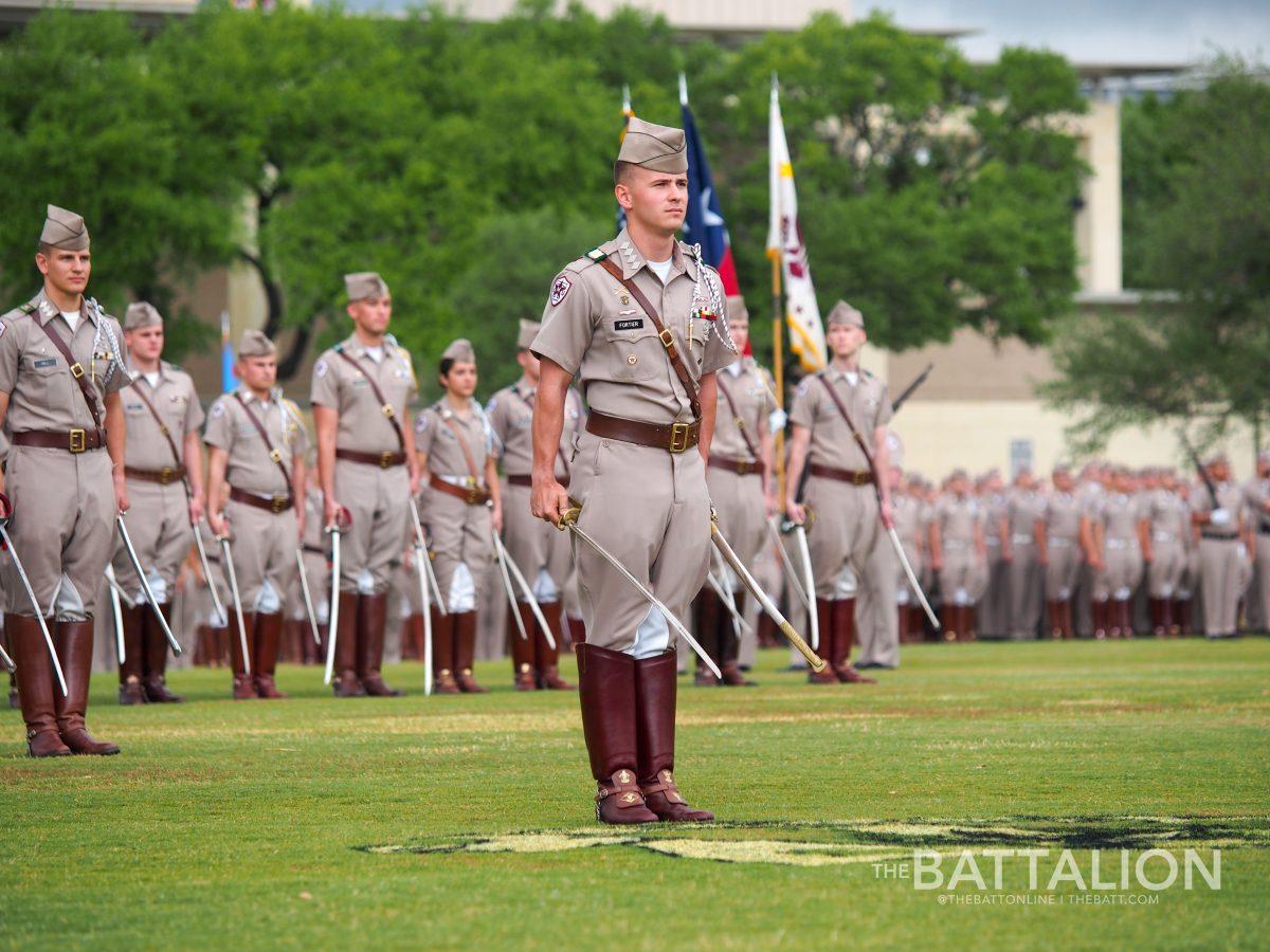 Cadet commander Connor Fortier leads the Corps of Cadets for the final time on the Simpson Drill Field as a part of Final Review on Saturday, April 30, 2022.