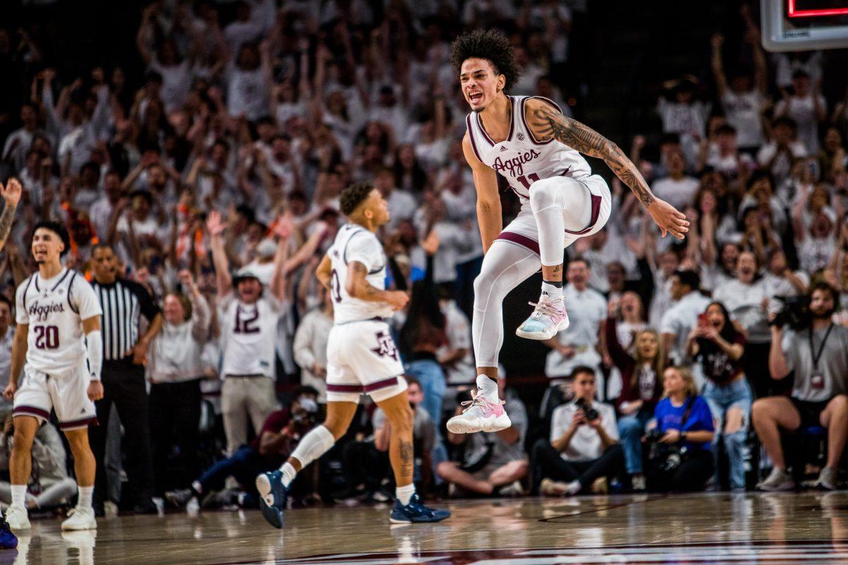 Junior F Andersson Garcia celebrates after the timer runs down at Reed Arena on Wednesday, Jan. 18, 2023. (Ishika Samant/The Battalion)