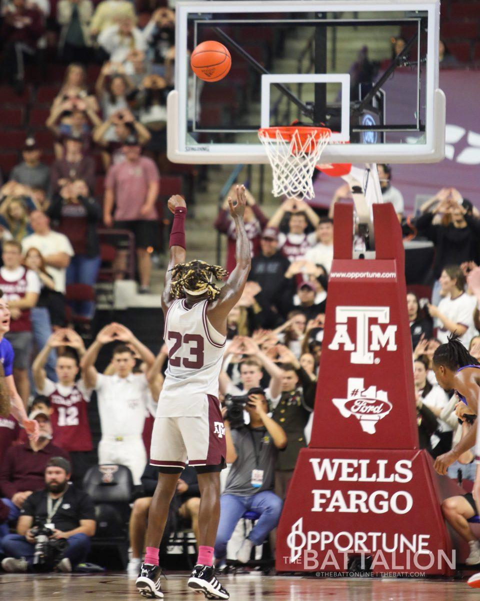 <p>Junior guard <strong>Tyrece Radford</strong> (23) attempts a free throw in Reed Arena on Tuesday, Feb. 15, 2022.</p>