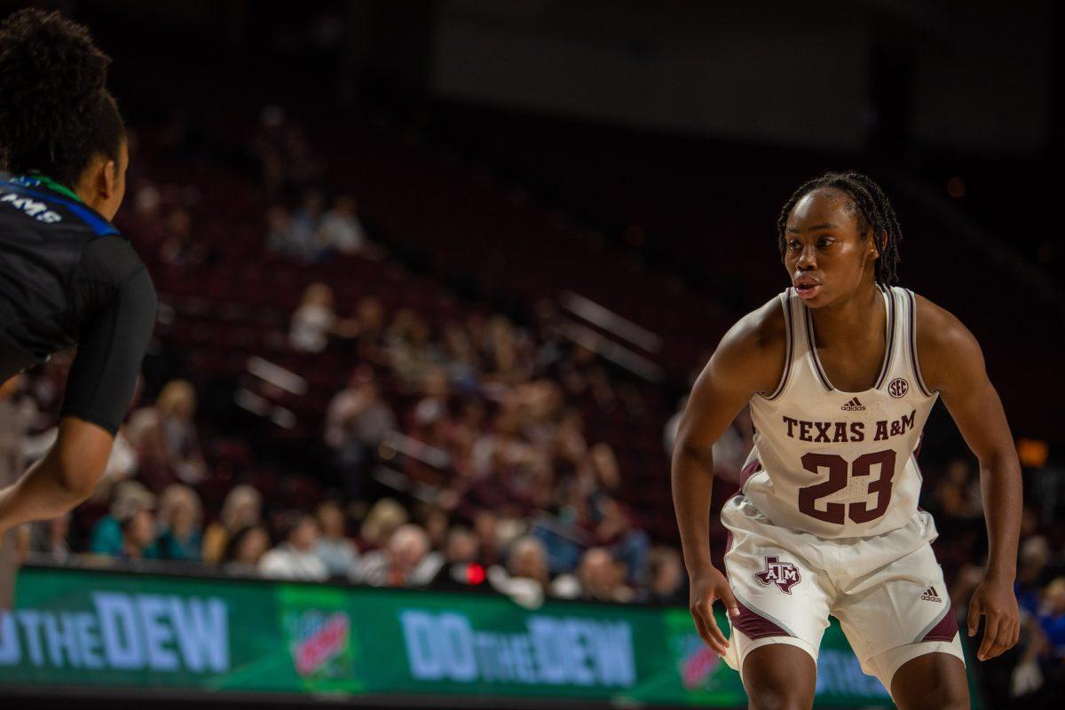 Graduate G McKinzie Green (23) defends the ball during A&Ms game against Texas A&M-Corpus Christi at Reed Arena on Thursday, Nov. 10, 2022.