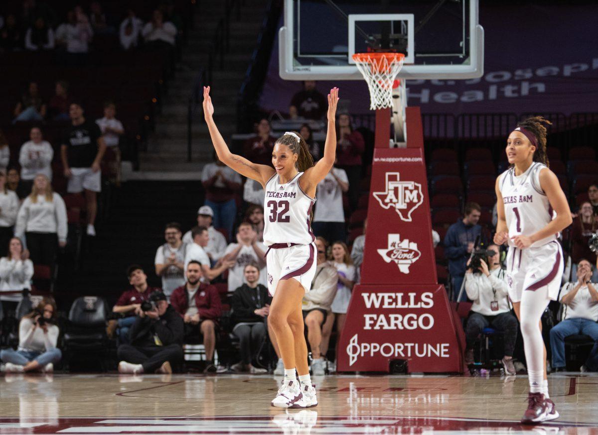 Graduate F Aaliyah Patty (32) hypes up the crowd during A&Ms game at Reed Arena on Sunday, Jan. 22, 2022.