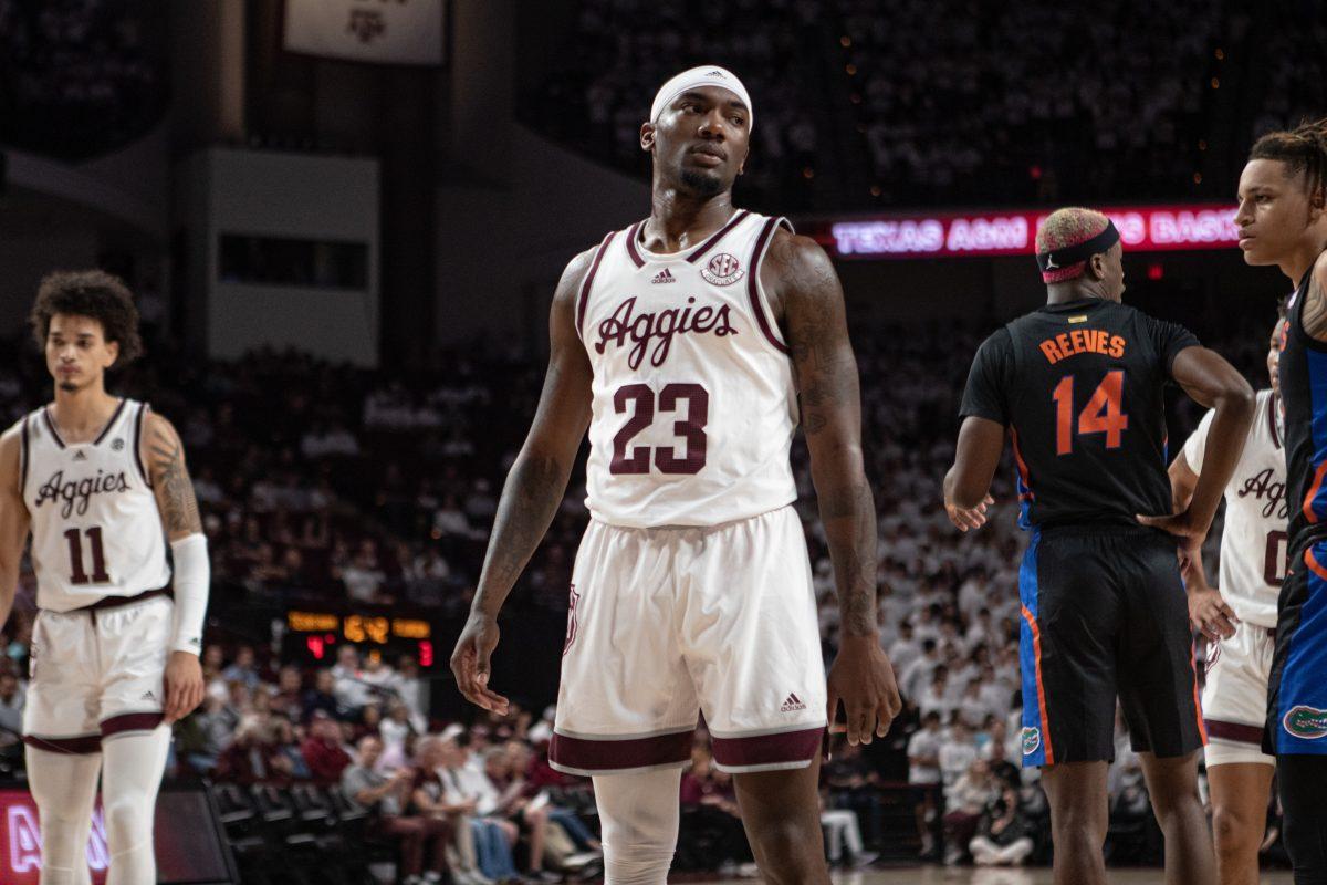 Senior G Tyrece Radford (23) looks the sideline after a playat Reed Arena on Tuesday, Jan. 18, 2023