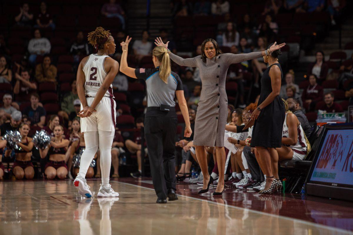 Women's Basketball head coach Joni Taylor questions a call during A&amp;M's game against Texas A&amp;M-Corpus Christi at Reed Arena on Thursday, Nov. 10, 2022.