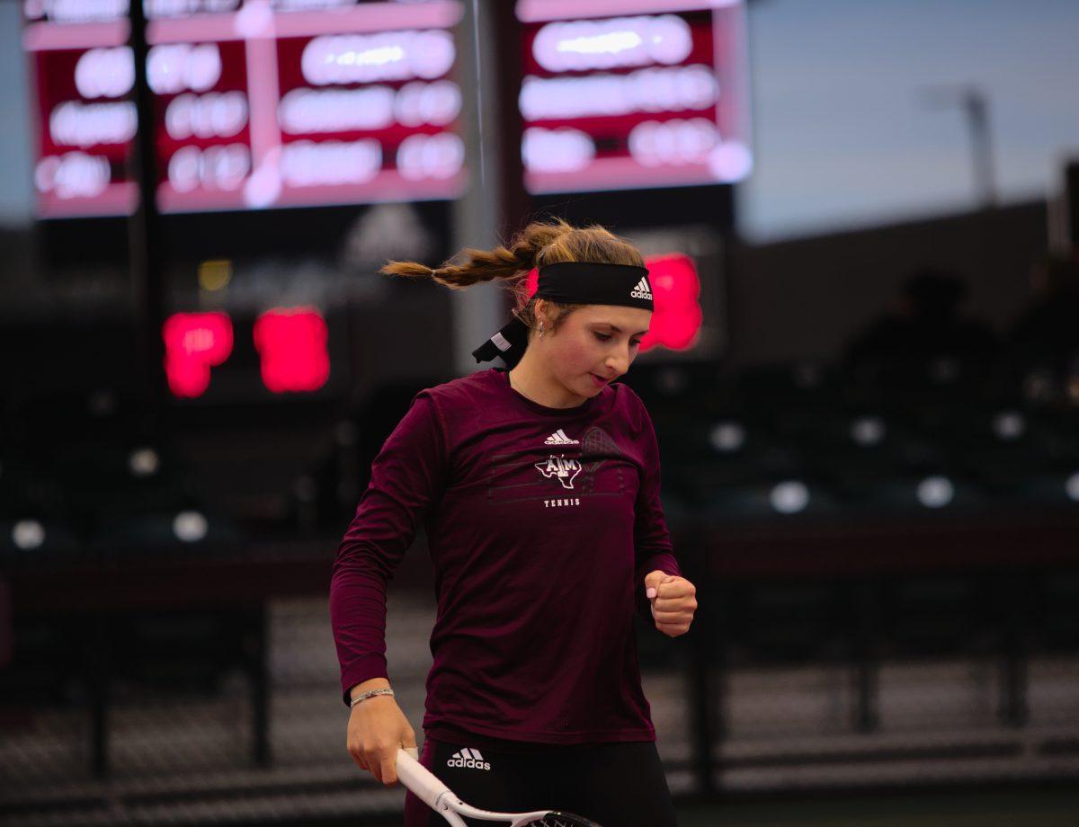 <p>Sophomore Mary Stoiana after another successful set at Mitchell Outdoor Tennis Center on Friday, Jan. 20, 2023.</p>