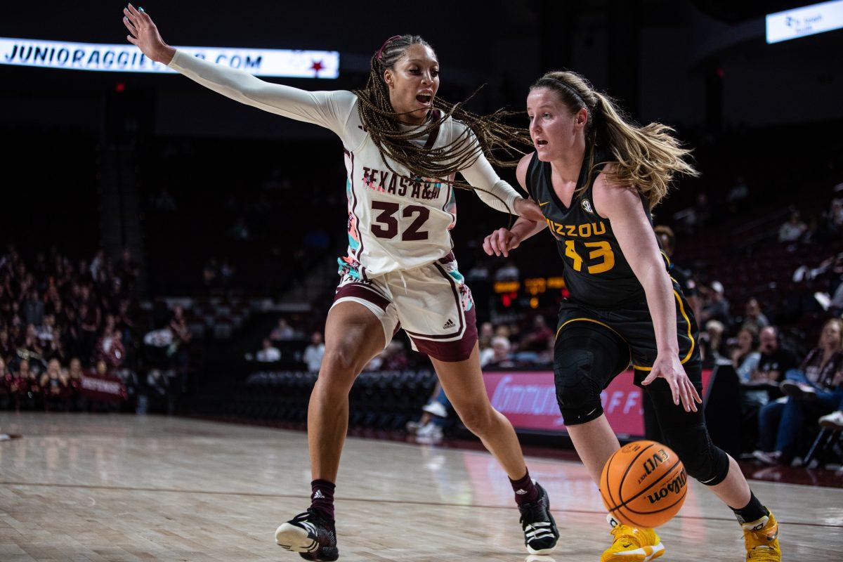 Graduate F Aaliyah Patty (32) guards Senior F Hayley Frank (43) at Reed Arena on Monday, Feb. 20, 2023.