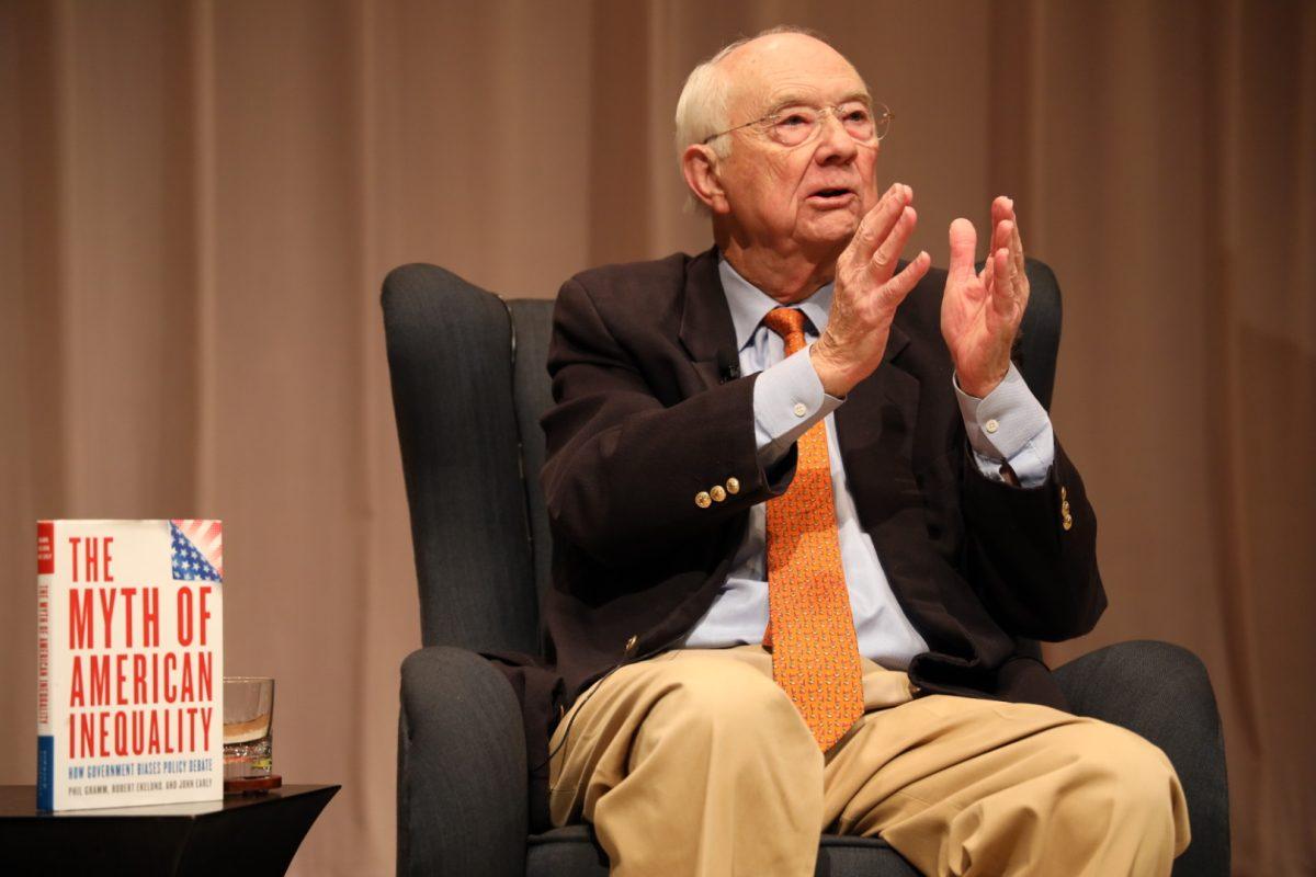 Senator Phil Gramm discusses his new book on inequality, public service and market regulations at the Annenberg Presidential Conference Center on Wednesday, Feb. 7, 2023. 