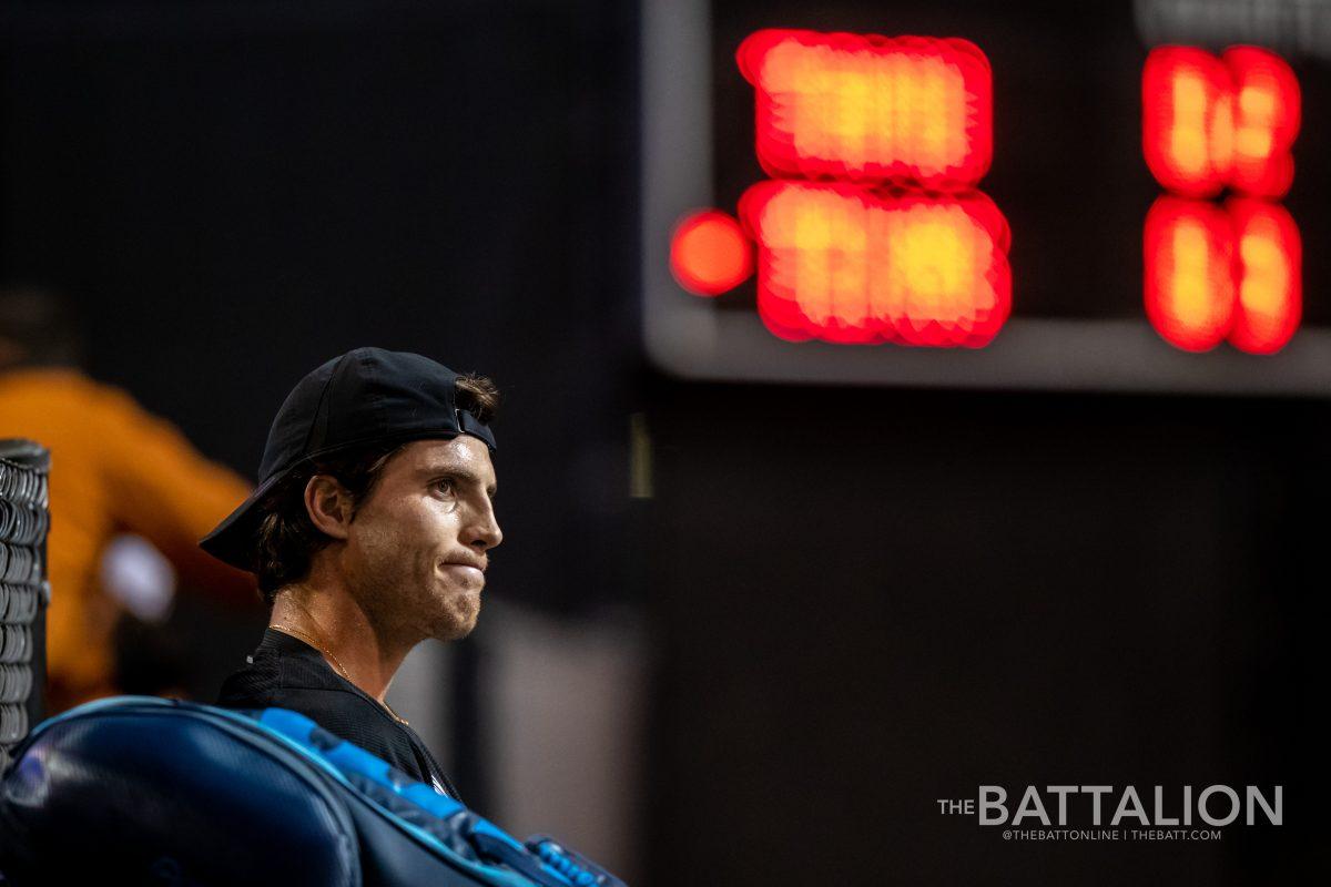 Junior Guido Marson during a break in his match against Siem Woldeab from the University of Texas at the Mitchell Tennis Center on Wednesday, March 9, 2022.