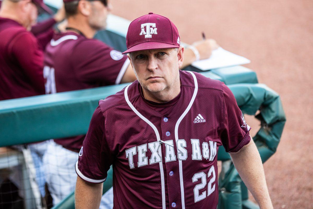Head coach Jim Schlossnagle in the A&M dugout on Olsen Field at Blue Bell Park during A&Ms game against Sam Houston on Sunday, Oct. 30, 2022.