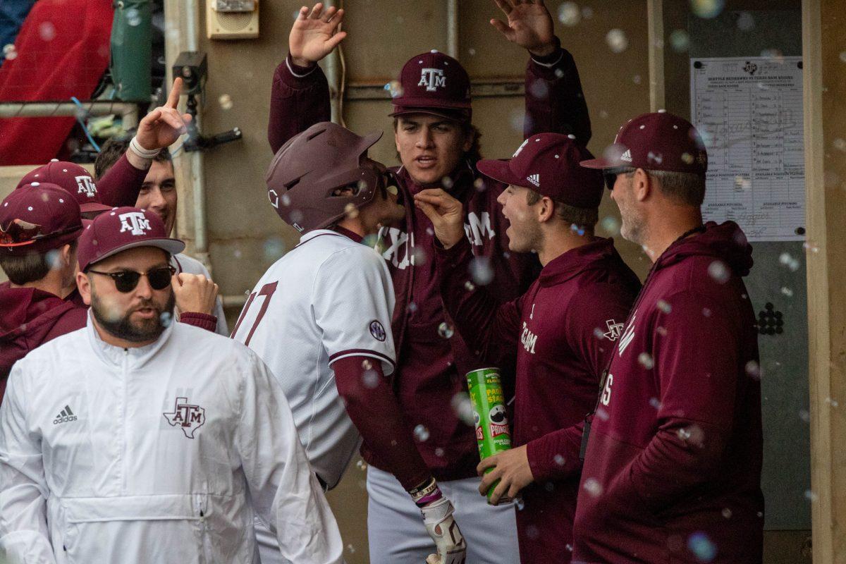Aggies celebrate after homerun of Freshman OF Jace LaViolette (17) during Texas A&Ms game against Seattle U at Olsen Field on Saturday, Feb. 18, 2023.