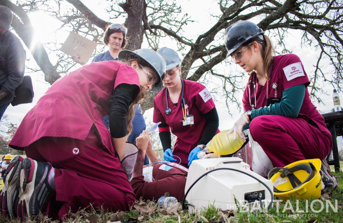 Texas A&Ms Health Science Center completed the largest student-led disaster simulation in the nation on Feb. 16. One group of student doctors and nurses had to dress wounds and perform medical treatment in a field environment. 