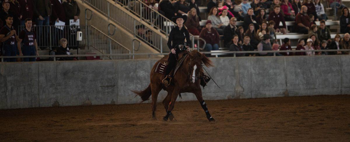 Junior+Keesa+Luers+rides+A%26amp%3BMs+Shorty+in+the+reining+event+during+the+competition+against+Auburn+at+Hildebrand+Equine+Complex+on+Saturday%2C+Feb.+4%2C+2023.