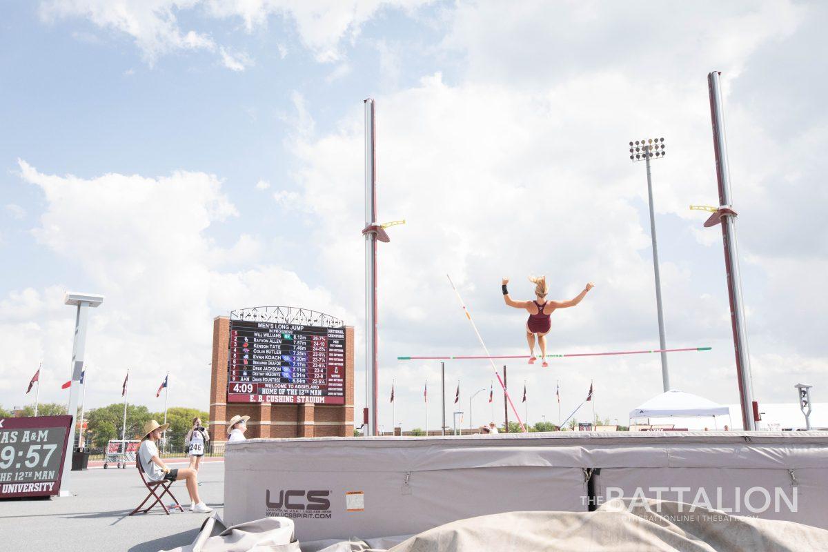 Freshman Heather Abadie fails to clear the bar during the womens pole vault competition at the Alumni Muster meet on Saturday, April 30, 2022.