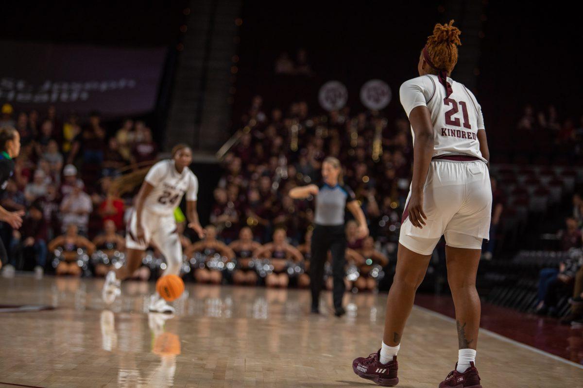 Sophomore G Eriny Kindred (21) waits for the ball in the corner during A&amp;M's game against Texas A&amp;M-Corpus Christi at Reed Arena on Thursday, Nov. 10, 2022.