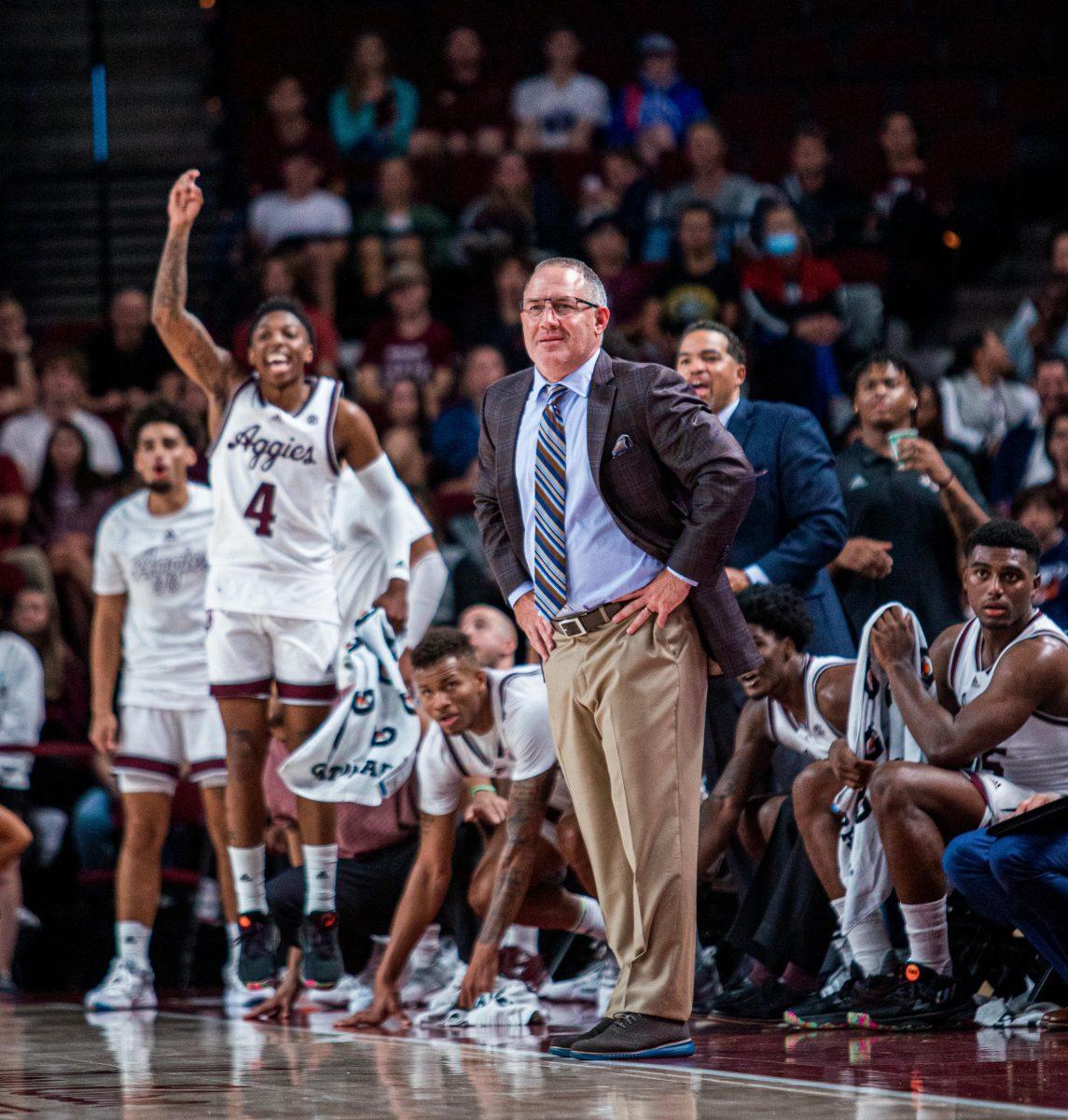 Head+coach+Buzz+Williams+smiles+as+the+team+shoots+a+3-pointer+during+a+game+against+A%26amp%3BM+Kingsville+at+Reed+Arena+on+Friday%2C+Nov.+4%2C+2022.