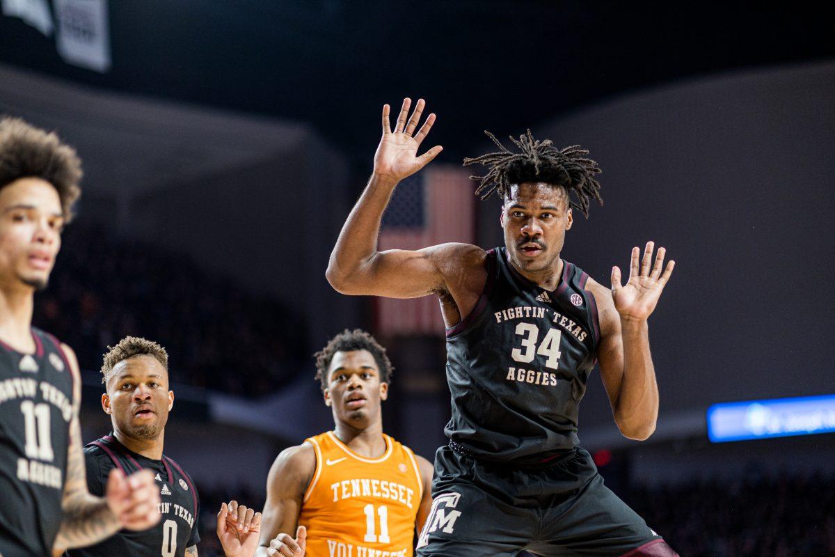 Junior F Julius Marble (34) watches the ball go out of bounds during a game vs. Tennessee at Reed Arena on Tuesday, Feb. 21, 2023.