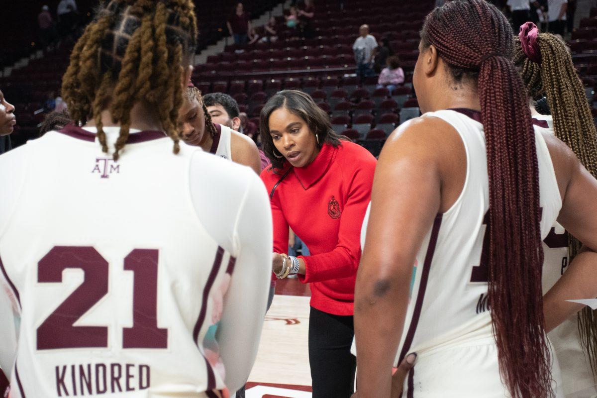 Coach Joni Taylor coachers her players following the loss against Mizzou at Reed Arena on Monday, Feb. 20, 2023.
