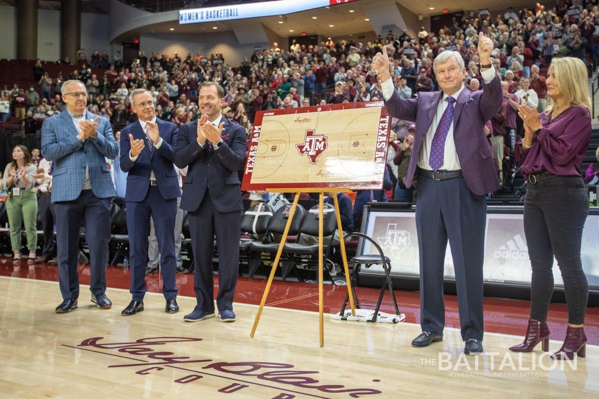 <p>Coach Gary Blair during the pre-game ceremony commemorating his final game at Reed Arena on Thursday, Feb. 24, 2022.</p>