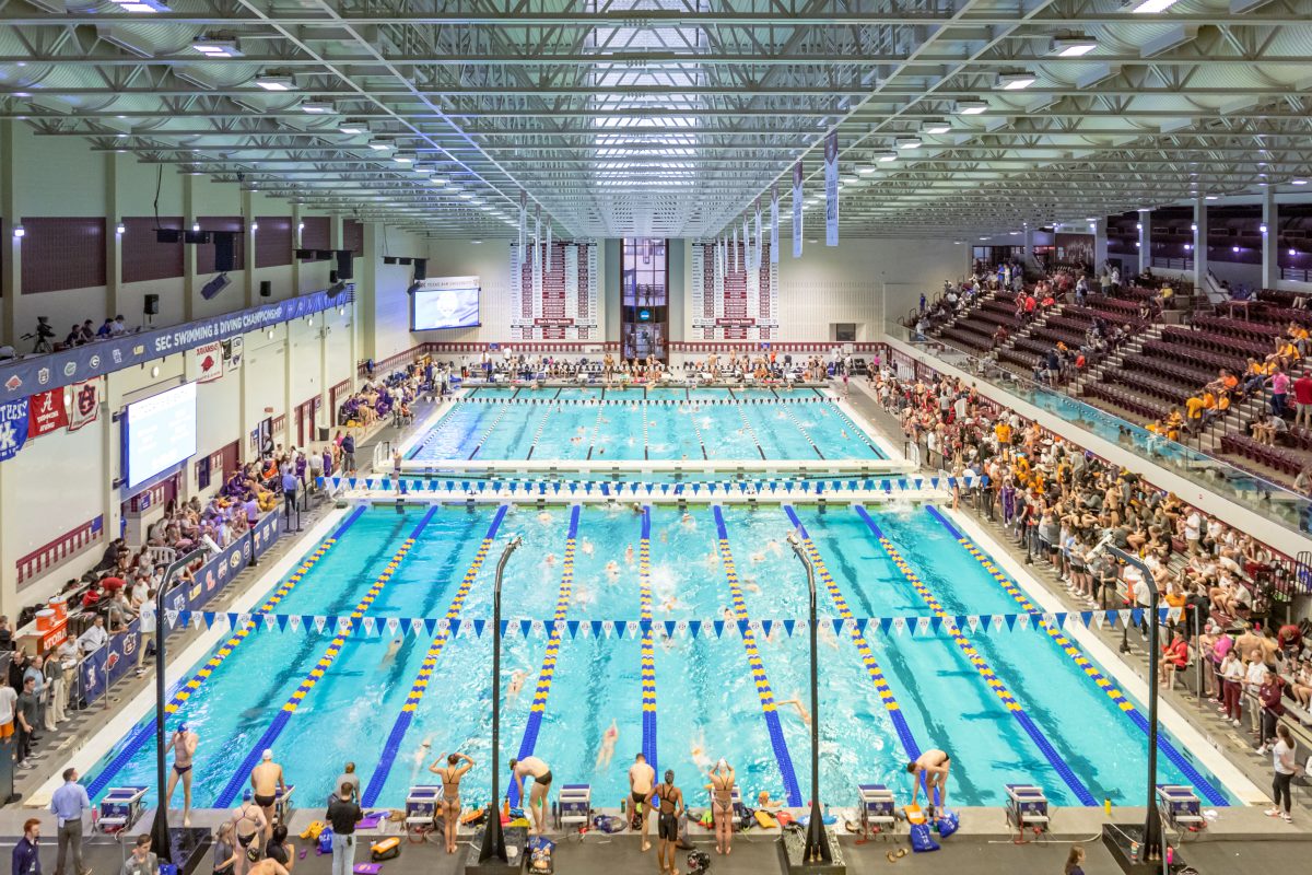 The Rec Center Natatorium before the start of the Wednesday Finals Session of the 2023 SEC Swimming &amp; Diving Championships.