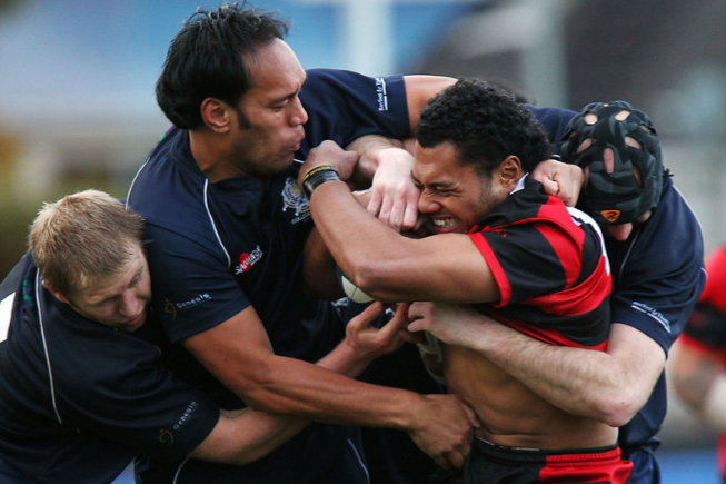 James Lowrey wraps up an opponent in an Auckland Premier Club Rugby match in 2011. 