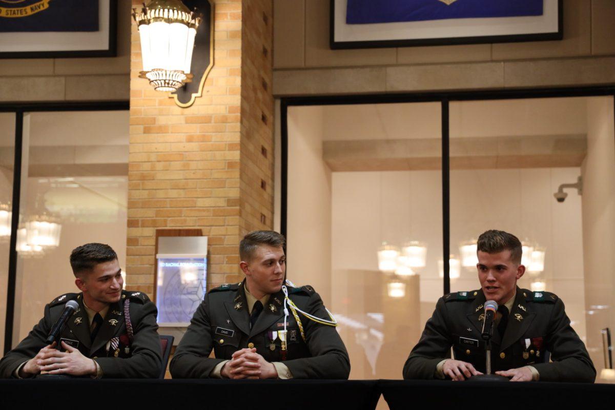 <p>Yell Leader Candidates Grayson Poage, Ethan Davis and Jake Carter answer questions during a debate in the MSC Flag Room on Thursday, Feb. 23, 2023.</p>