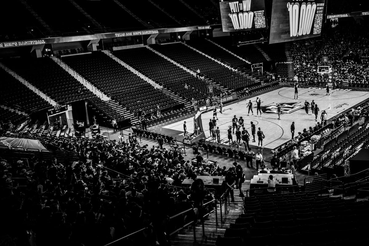 The team practices pregame while the arena fills up before a game vs. Tennessee at Reed Arena on Tuesday, Feb. 21, 2023.