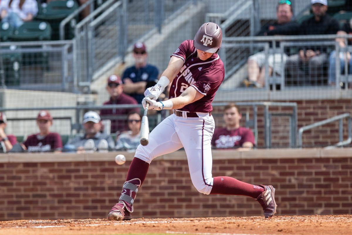 Senior OF Brett Minnich (23) bats on Olsen Field at Blue Bell Park during A&amp;M's game against Sam Houston on Sunday, Oct. 30, 2022.