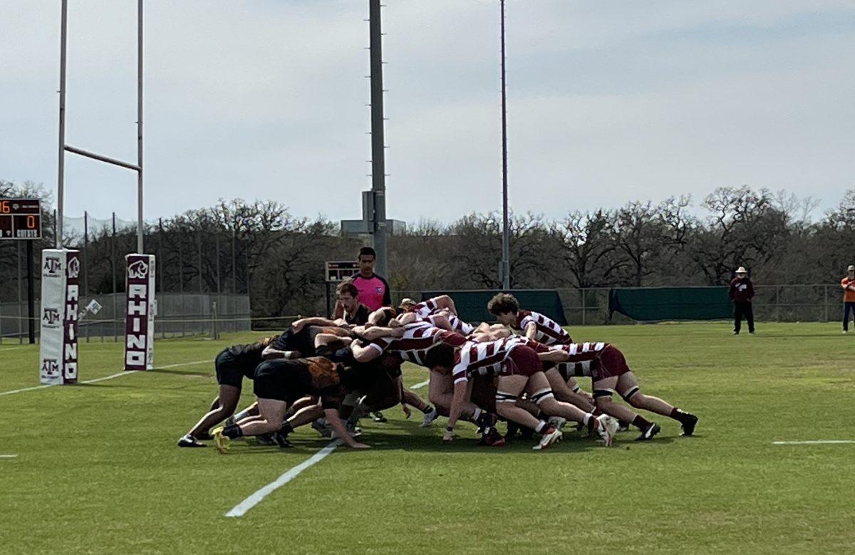 &#160;A host of Aggie and UTexas at Austin players face off in a scrum after a penalty call onFeb. 18 at Penberthy Rec Sports Complex. n.&#160;