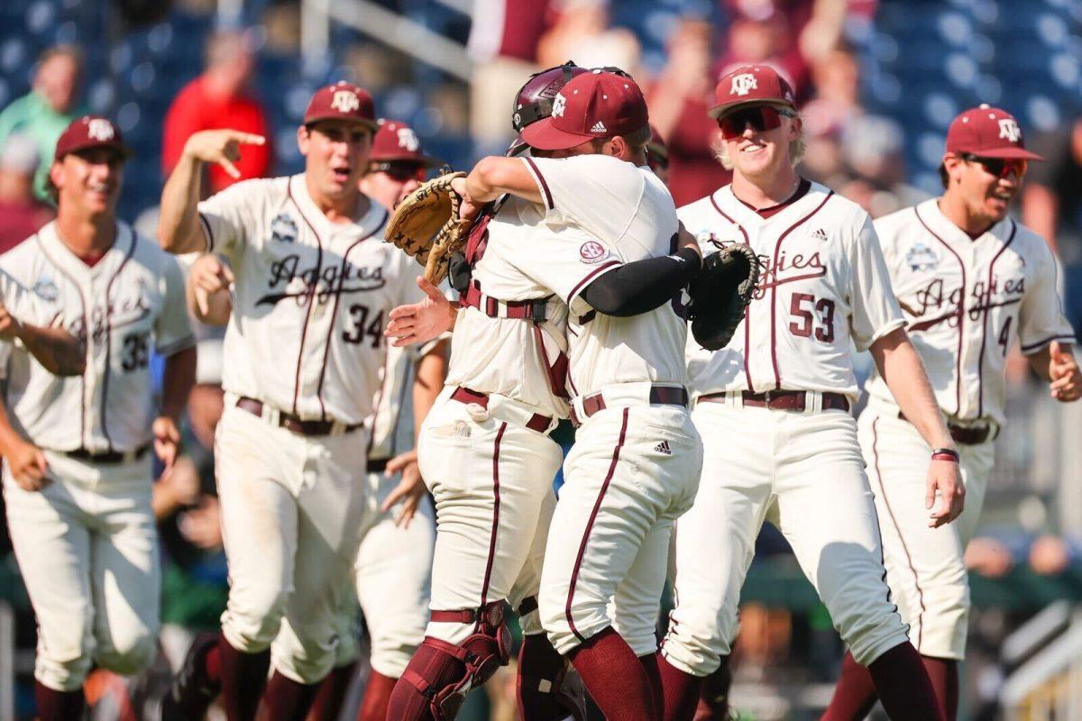 The+Aggies+celebrate+their+victory+over+the+University+of+Texas+baseball+team+on+Sunday%2C+June+19%2C+2022.+This+is+A%26amp%3BM+baseballs+first+win+at+the+College+World+Series+since+1993+and+second+win+at+the+CWS+overall.