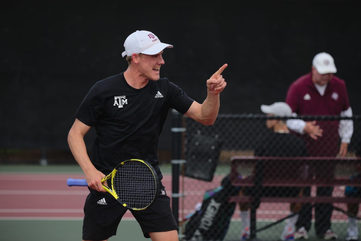 Junior Kenner Taylor celebrating the first win of doubles against Alabama&#160;at the&#160;Mitchell Outdoor Tennis Center on March 23, 2023.