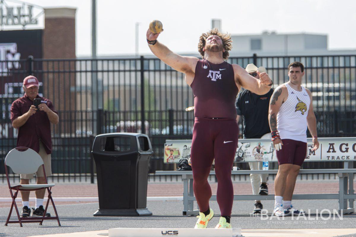 Freshman Bryce Foster throws at shot put&#160;at E.B. Cushing Stadium on April 30, 2022.