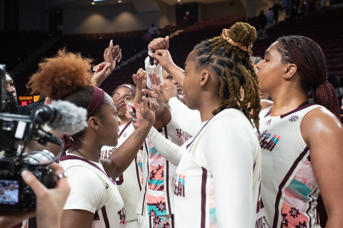 <p>A&M women's basketball team breaking out after the following lost against Mizzou (35-61) at Reed Arena on Monday, Feb. 20, 2023.</p>