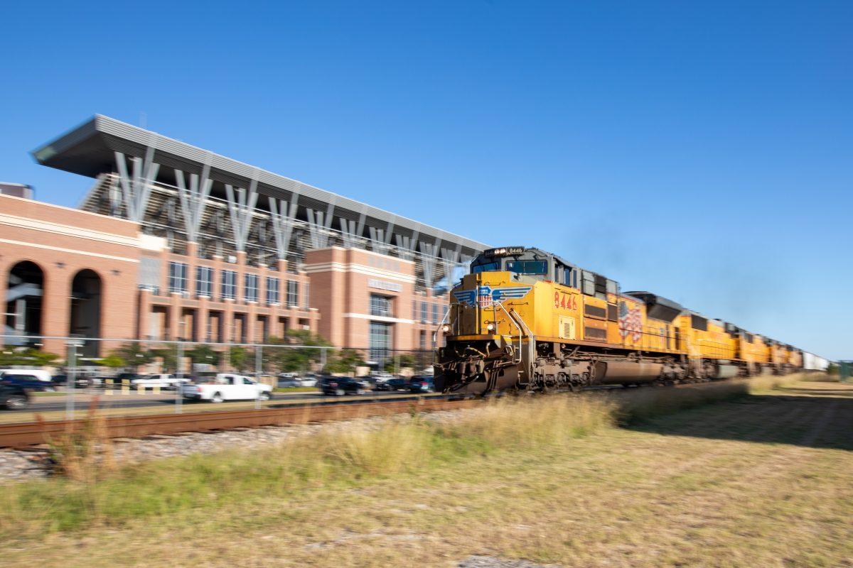 <p>The 8446 Union Pacific train runs across Kyle Field on Wednesday, Oct. 19, 2022. </p>
