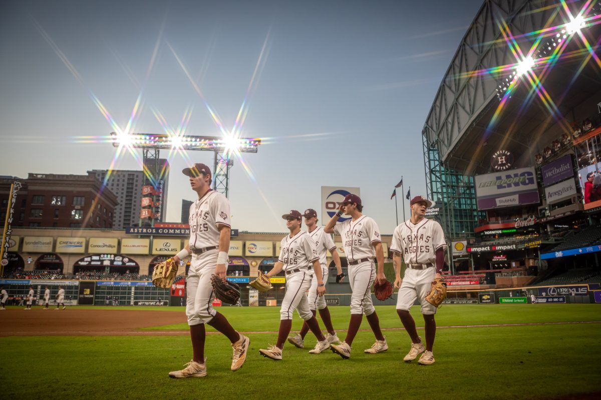 The Aggies take the field for pregame stretches ahead of Texas A&amp;M's game against Rice at Minute Maid Park in Houston, Texas, on Saturday, March 4, 2023.