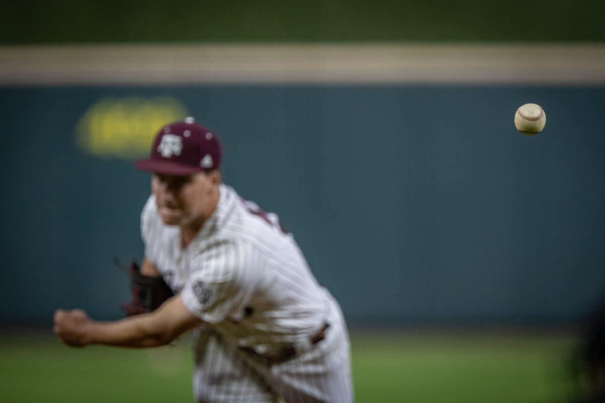 Junior LHP Evan Aschenbeck (53) throws a pitch from the mound during Texas A&amp;M's game against Louisville at Minute Maid Park in Houston, Texas, on Friday, March 3, 2023.