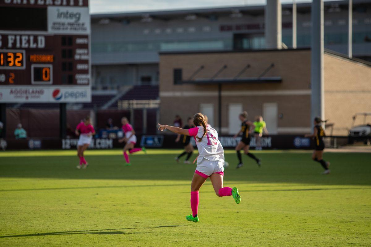 Sophomore Defender Mia Pante (13) urging the team to hustle back during Texas A&Ms match against against Missouri at Ellis Field on Sunday, Oct. 23, 2022.