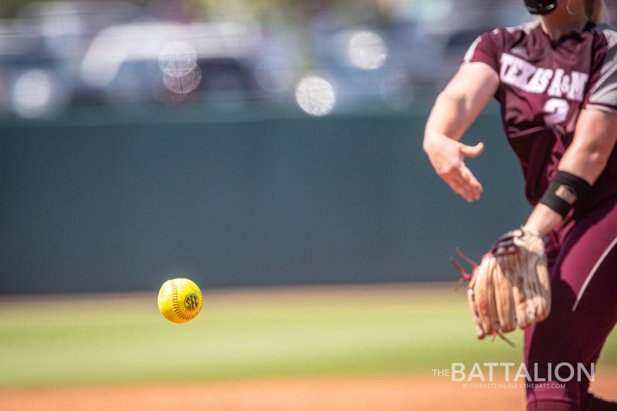 Senior P/OF Makinzy Herzog (24) throws a pitch during the Aggies game against Arkansas at Davis Diamond on Saturday, May 7, 2022.