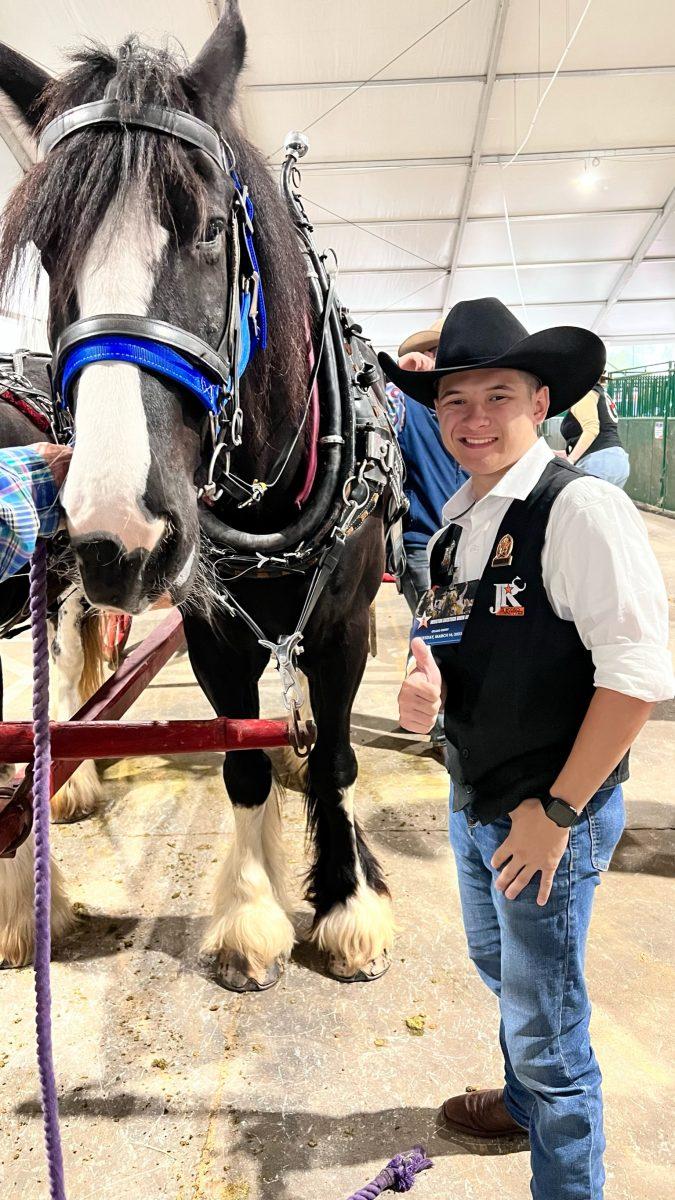 Community health sophomore Ryan Vu poses for a photo with a horse at the Houston Rodeo and Live Stock Show on Tuesday, March 14. 