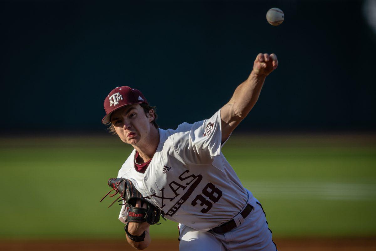 Freshman LHP Shane Sdao (38) pitches from the mound during Texas A&Ms game against Texas at Olsen Field on Tuesday, March 28, 2023.