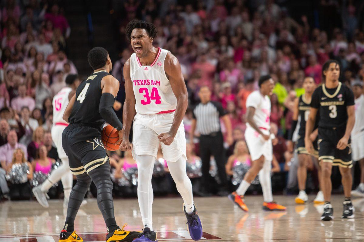 Junior F Julius Marble (34) celebrates during Texas A&amp;M's game against Vanderbilt at Reed Arena on Saturday, Jan. 28, 2023.