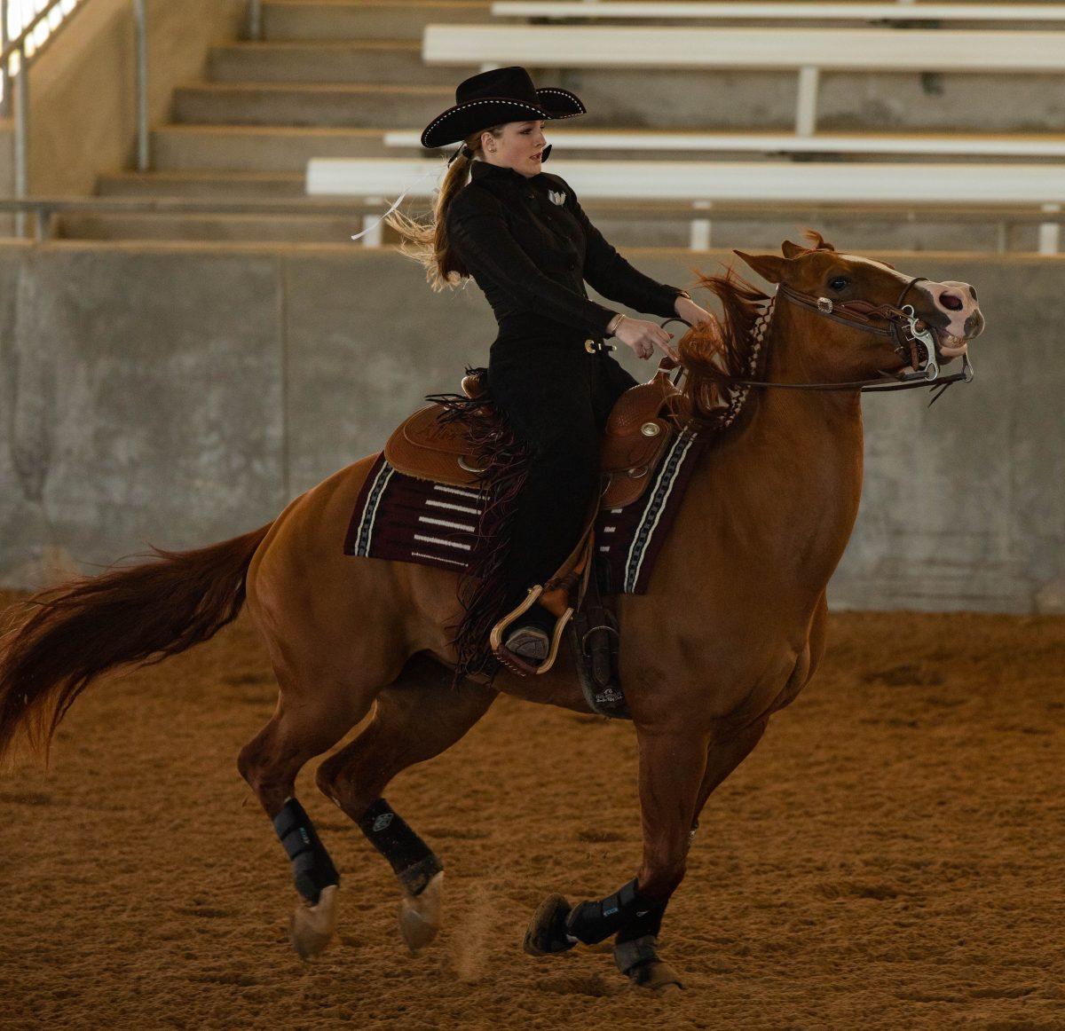 Sophomore Lauren Hanson rides A&Ms Indie in the reining event during the competition against Auburn at Hildebrand Equine Complex on Saturday, Feb. 4, 2023.