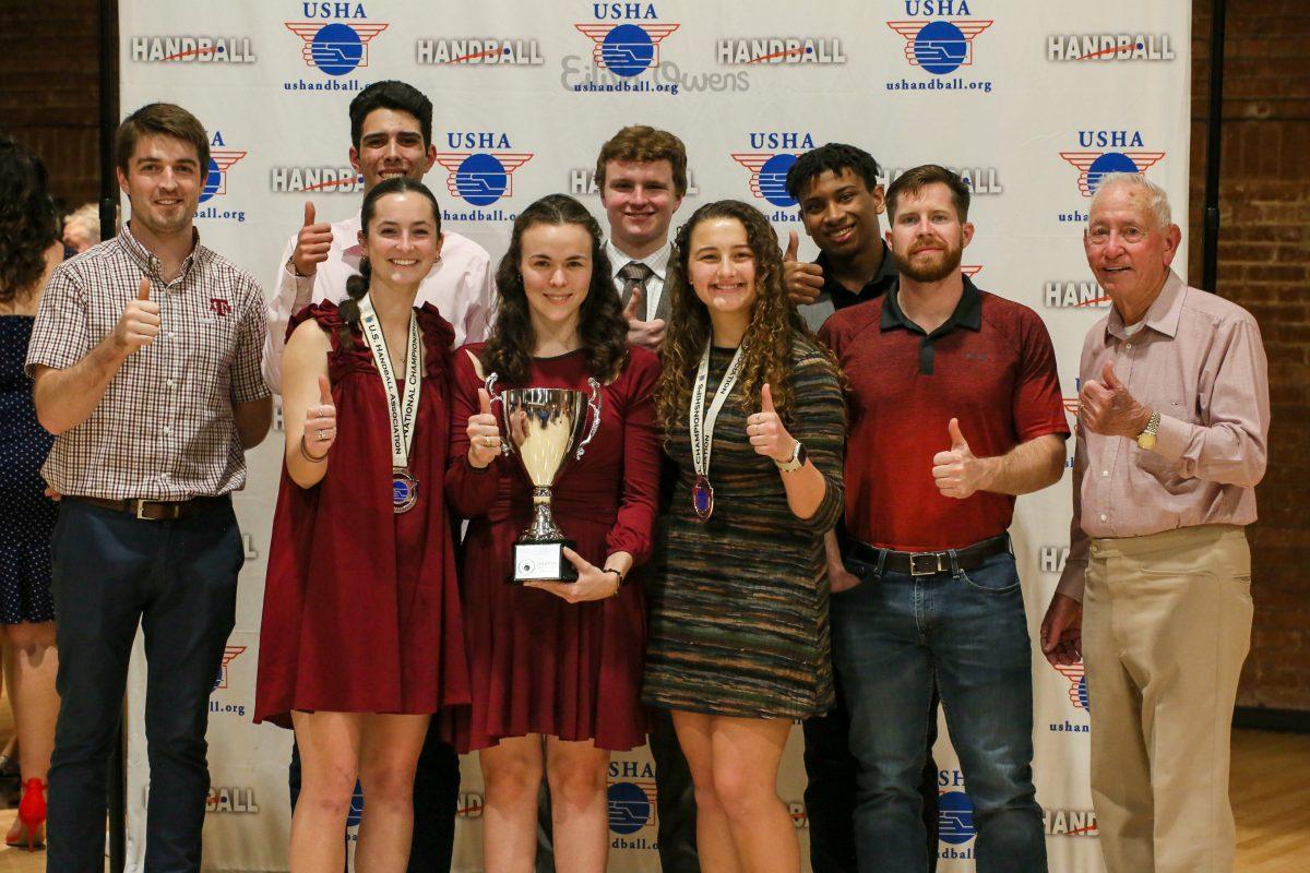 Coach Martin Mulkerrins, Derek Schirripa, Jason Buley, William Henry IV, Trevor Austin, Coach Don Johnson. Front row: Amesley Davis, Macy Drew, Caitlin Behne during the&#160;USHA Collegiate Handball Championships.&#160;