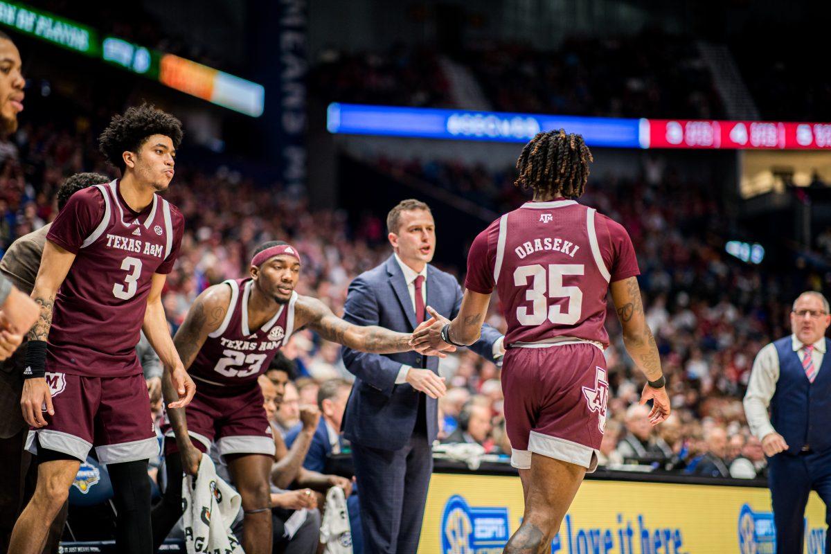 Sophomore G Manny Obaski (35) taps in to go onto the court during a game vs. Alabama on March 12, 2023 at Bridgestone Arena in Nashville Tennessee.
