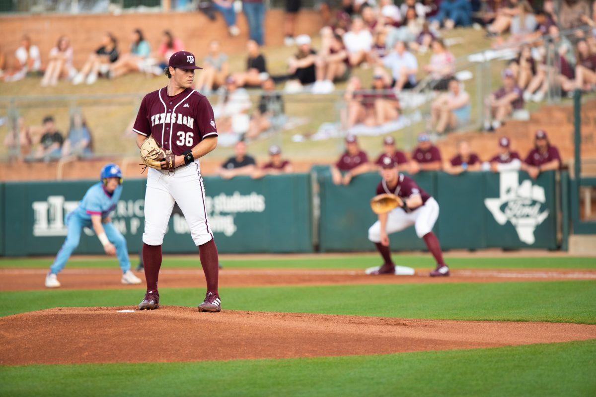 Junior RHP Wyatt Tucker (36) prepares to pitch the ball during a game vs. Houston Chrisitian University at Blue Bell Park on Tuesday, Feb.28, 2023