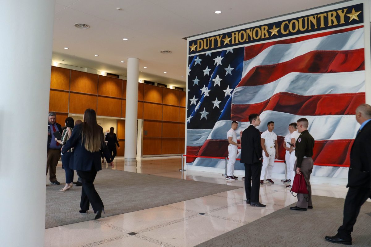 People outside during FBI Director Christopher Wrays A Conversation with the Director of the FBI event at the Annenberg Presidential Conference Center on Wednesday, April 5, 2023.