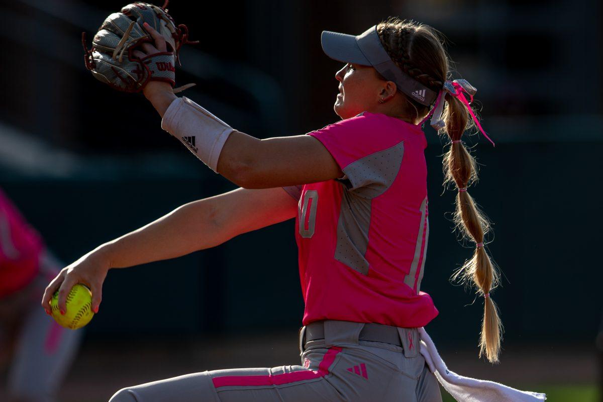 <p>Senior RHP Shaylee Ackerman (10) winds up during Texas A&M's game against Texas State at Davis Diamond on Wednesday, April 19, 2023.</p>