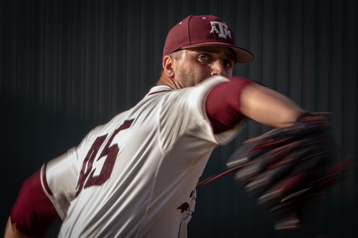 Senior LHP Matt Dillard (45) pitches from the mound during Texas A&Ms game against Prairie View A&M at Olsen Field on Wednesday, April 19, 2023.