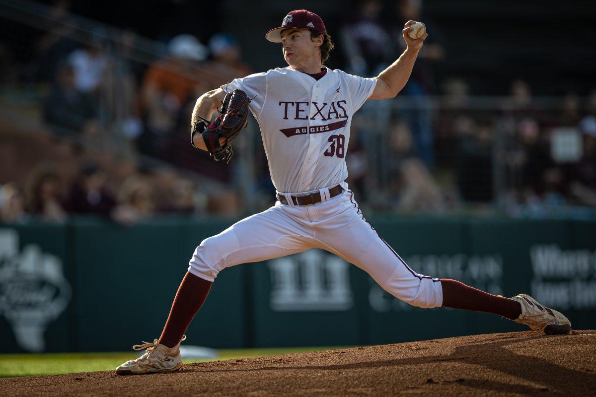 Freshman LHP Shane Sdao (38) pitches from the mound during Texas A&amp;M's game against Texas at Olsen Field on Tuesday, March 28, 2023.