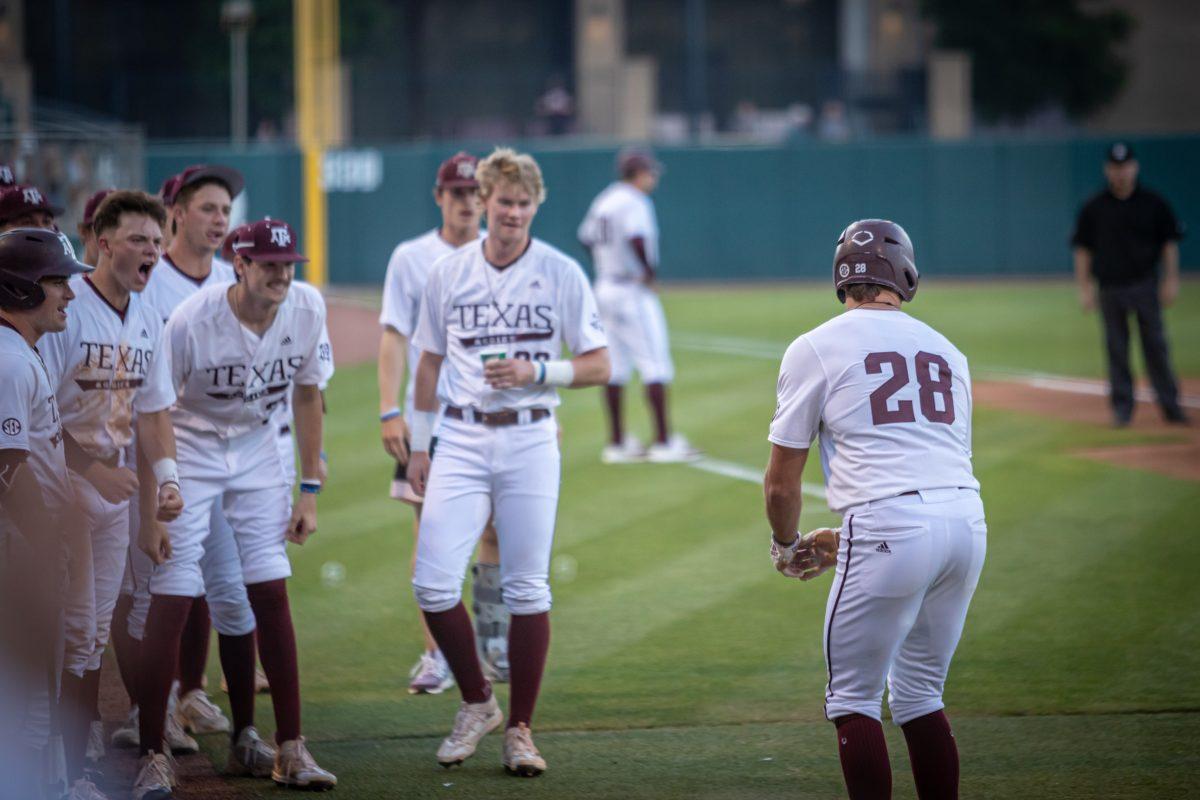 Junior 3B Trevor Werner (28) dances back to the dugout after hitting a home run during Texas A&Ms game against Mizzou at Olsen Field on Thursday, April 13, 2023.