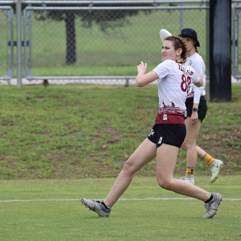 Senior frisbee cutter Aimee Graham competes for Texas A&M Women’s Ultimate Frisbee.  