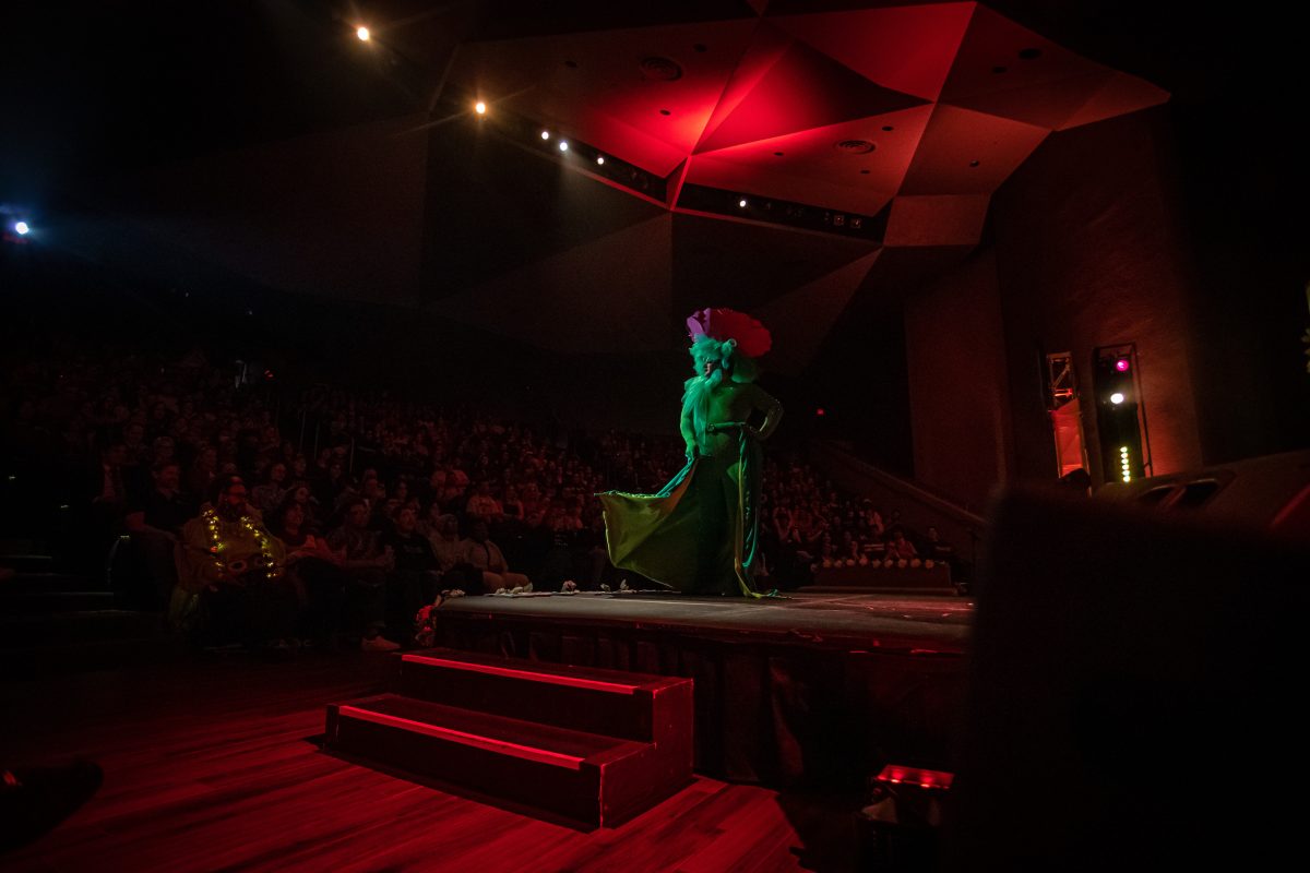 Drag queen Shelby Fine performs on stage during Draggieland 2023 at Rudder Theatre on Thursday, April 6, 2023.